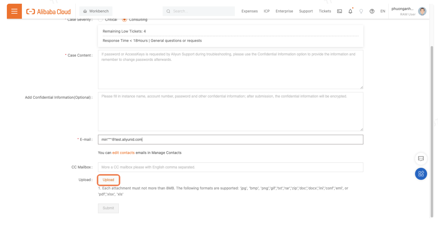Submit Ticket trên Alibaba Cloud