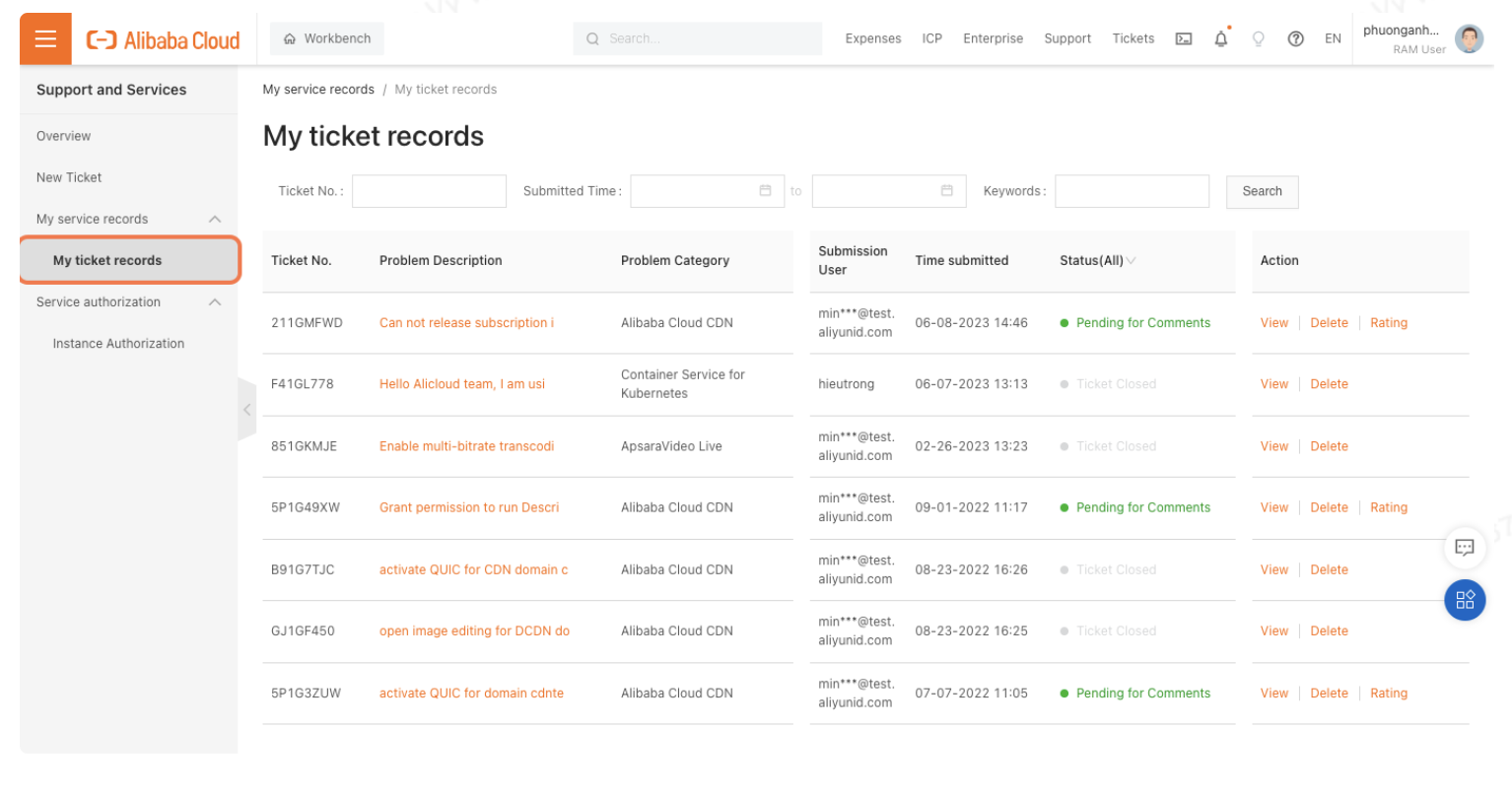 Submit Ticket trên Alibaba Cloud
