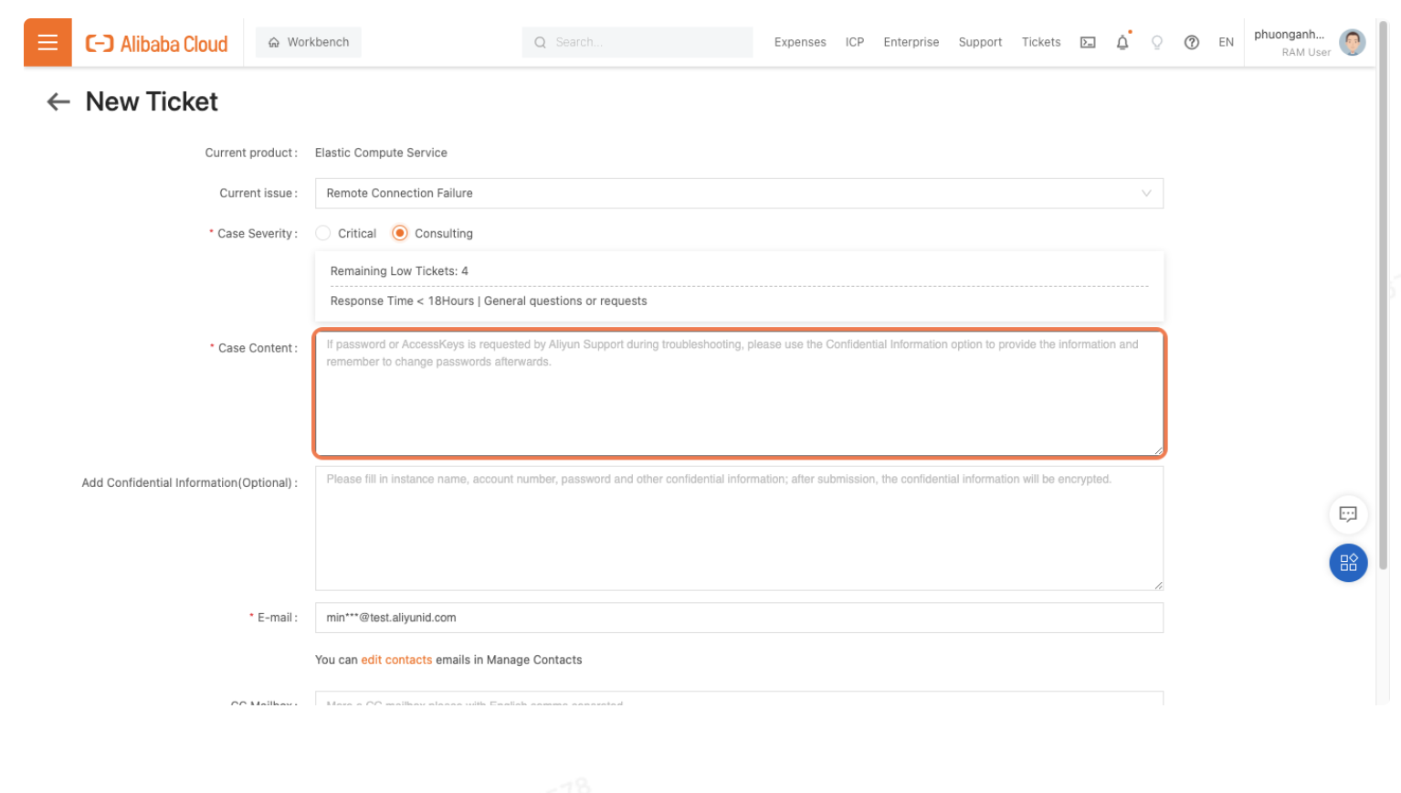 Submit Ticket trên Alibaba Cloud